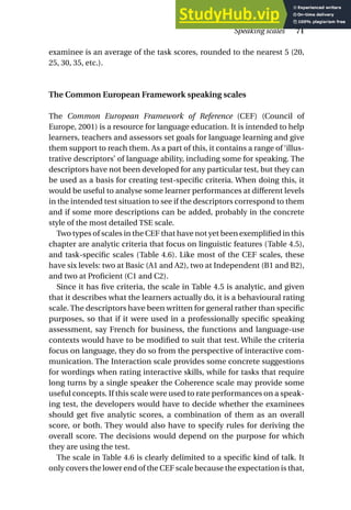 examinee is an average of the task scores, rounded to the nearest 5 (20,
25, 30, 35, etc.).
The Common European Framework speaking scales
The Common European Framework of Reference (CEF) (Council of
Europe, 2001) is a resource for language education. It is intended to help
learners, teachers and assessors set goals for language learning and give
them support to reach them. As a part of this, it contains a range of ‘illus-
trative descriptors’ of language ability, including some for speaking. The
descriptors have not been developed for any particular test, but they can
be used as a basis for creating test-specific criteria. When doing this, it
would be useful to analyse some learner performances at different levels
in the intended test situation to see if the descriptors correspond to them
and if some more descriptions can be added, probably in the concrete
style of the most detailed TSE scale.
Two types of scales in the CEF that have not yet been exemplified in this
chapter are analytic criteria that focus on linguistic features (Table 4.5),
and task-specific scales (Table 4.6). Like most of the CEF scales, these
have six levels: two at Basic (A1 and A2), two at Independent (B1 and B2),
and two at Proficient (C1 and C2).
Since it has five criteria, the scale in Table 4.5 is analytic, and given
that it describes what the learners actually do, it is a behavioural rating
scale. The descriptors have been written for general rather than specific
purposes, so that if it were used in a professionally specific speaking
assessment, say French for business, the functions and language-use
contexts would have to be modified to suit that test. While the criteria
focus on language, they do so from the perspective of interactive com-
munication. The Interaction scale provides some concrete suggestions
for wordings when rating interactive skills, while for tasks that require
long turns by a single speaker the Coherence scale may provide some
useful concepts. If this scale were used to rate performances on a speak-
ing test, the developers would have to decide whether the examinees
should get five analytic scores, a combination of them as an overall
score, or both. They would also have to specify rules for deriving the
overall score. The decisions would depend on the purpose for which
they are using the test.
The scale in Table 4.6 is clearly delimited to a specific kind of talk. It
only covers the lower end of the CEF scale because the expectation is that,
Speaking scales 71
 