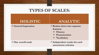 TYPES OF SCALES:
HOLISTIC ANALYTIC
 General Impression  Broken down into separate
features:
 Fluency
 Pronunciation
 Vocabulary
 One overall mark  Independent marks for each
assessment criterion
 