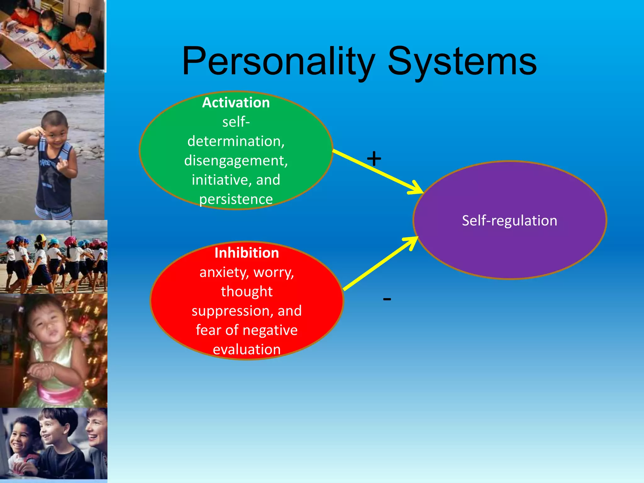 Personality Systems
Activation
self-
determination,
disengagement,
initiative, and
persistence
Inhibition
anxiety, worry,
thought
suppression, and
fear of negative
evaluation
Self-regulation
+
-
 