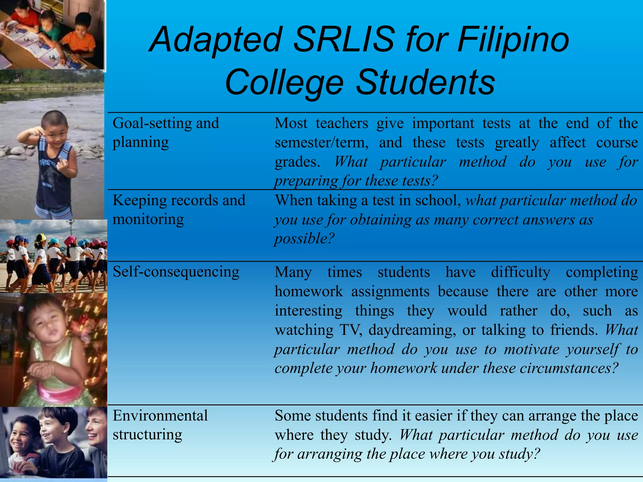 Adapted SRLIS for Filipino
College Students
Goal-setting and
planning
Most teachers give important tests at the end of the
semester/term, and these tests greatly affect course
grades. What particular method do you use for
preparing for these tests?
Keeping records and
monitoring
When taking a test in school, what particular method do
you use for obtaining as many correct answers as
possible?
Self-consequencing Many times students have difficulty completing
homework assignments because there are other more
interesting things they would rather do, such as
watching TV, daydreaming, or talking to friends. What
particular method do you use to motivate yourself to
complete your homework under these circumstances?
Environmental
structuring
Some students find it easier if they can arrange the place
where they study. What particular method do you use
for arranging the place where you study?
 