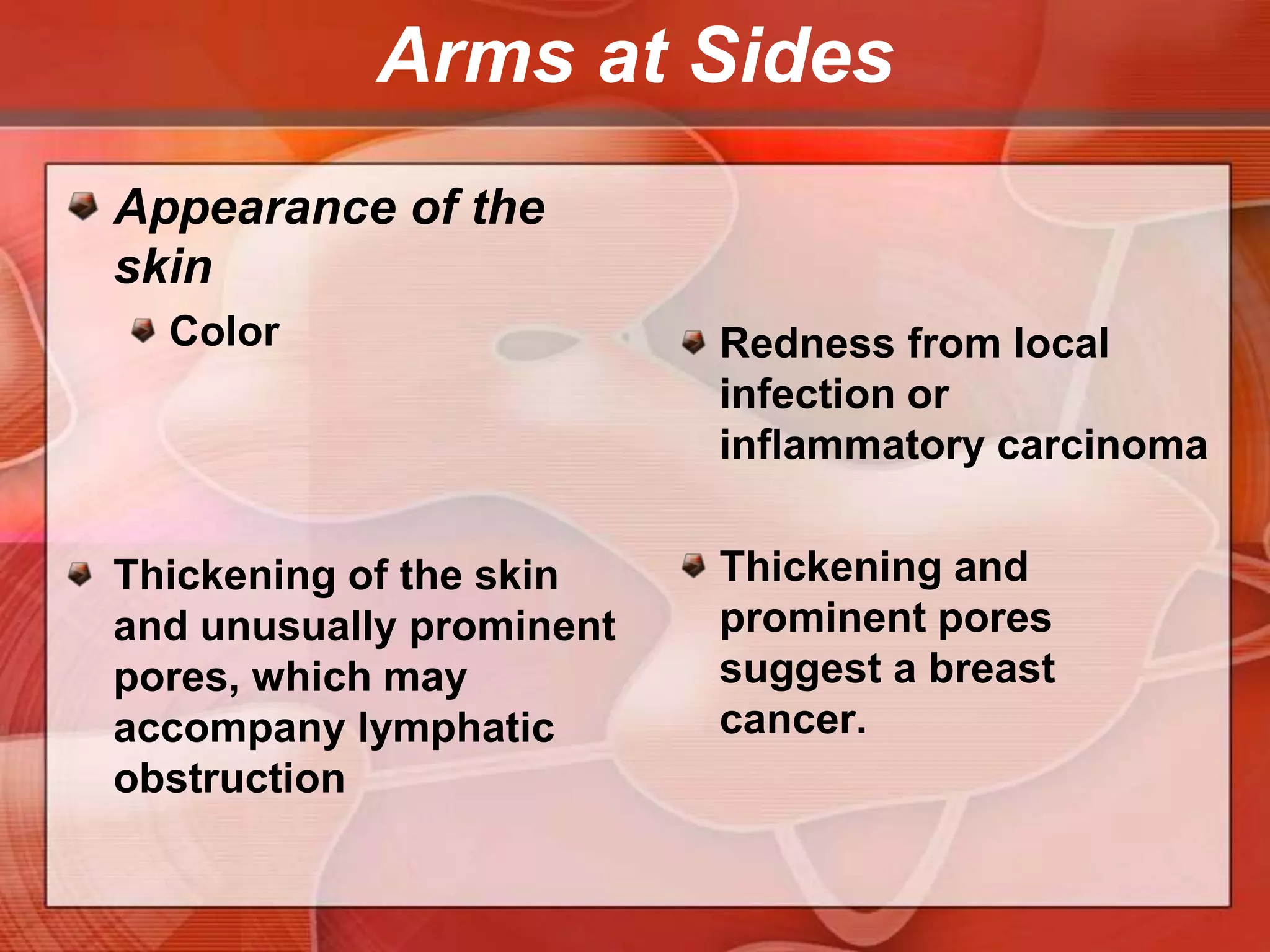 Inspect the breasts and nipples with the patient in the sitting position and disrobed to the waist.