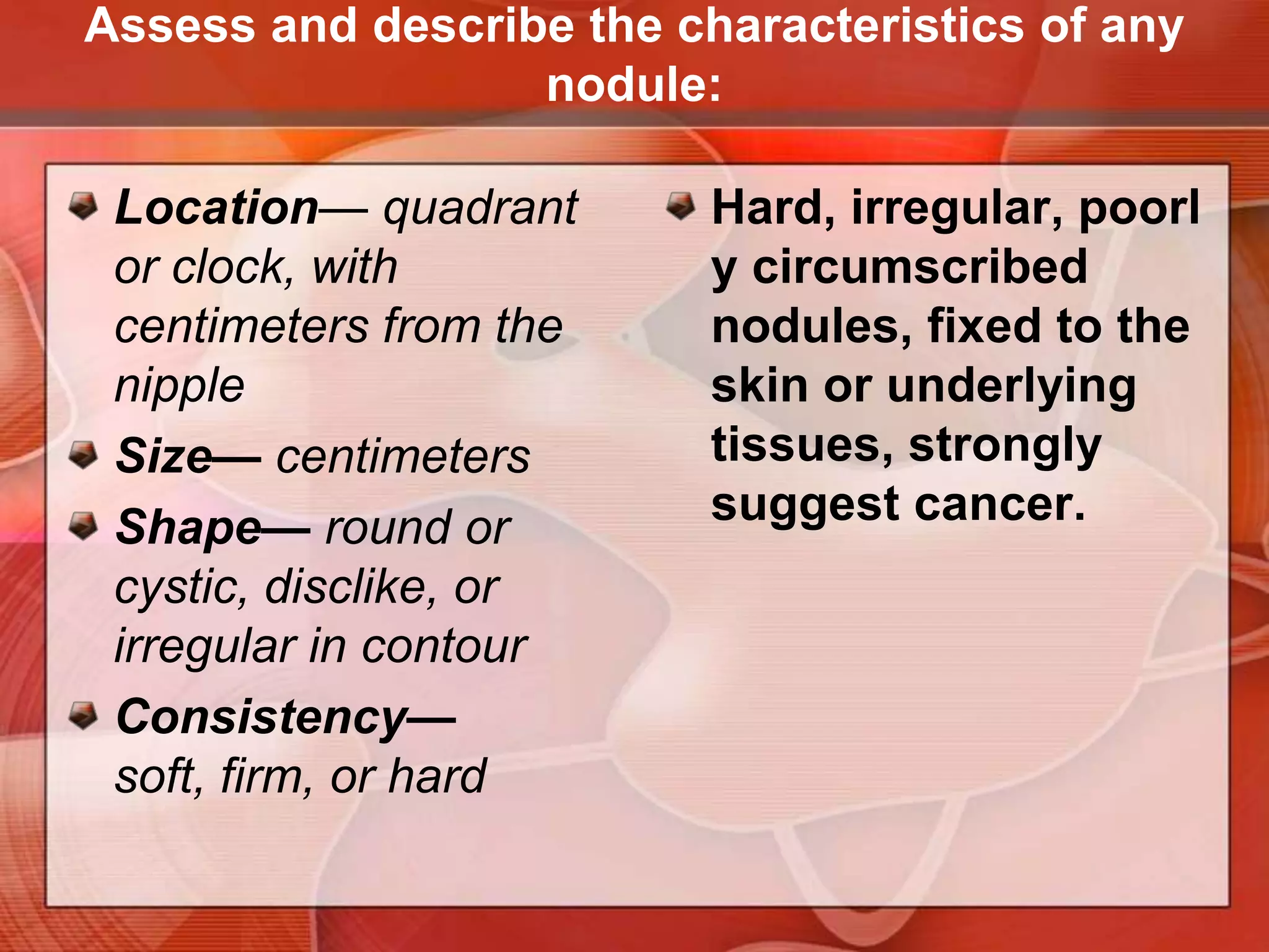 Examine the breast tissue carefully for:Tenderness Premenstrual fullnessNodulesPalpate carefully for any lump or mass that is qualitatively different from or larger than the rest of the breast tissue. 