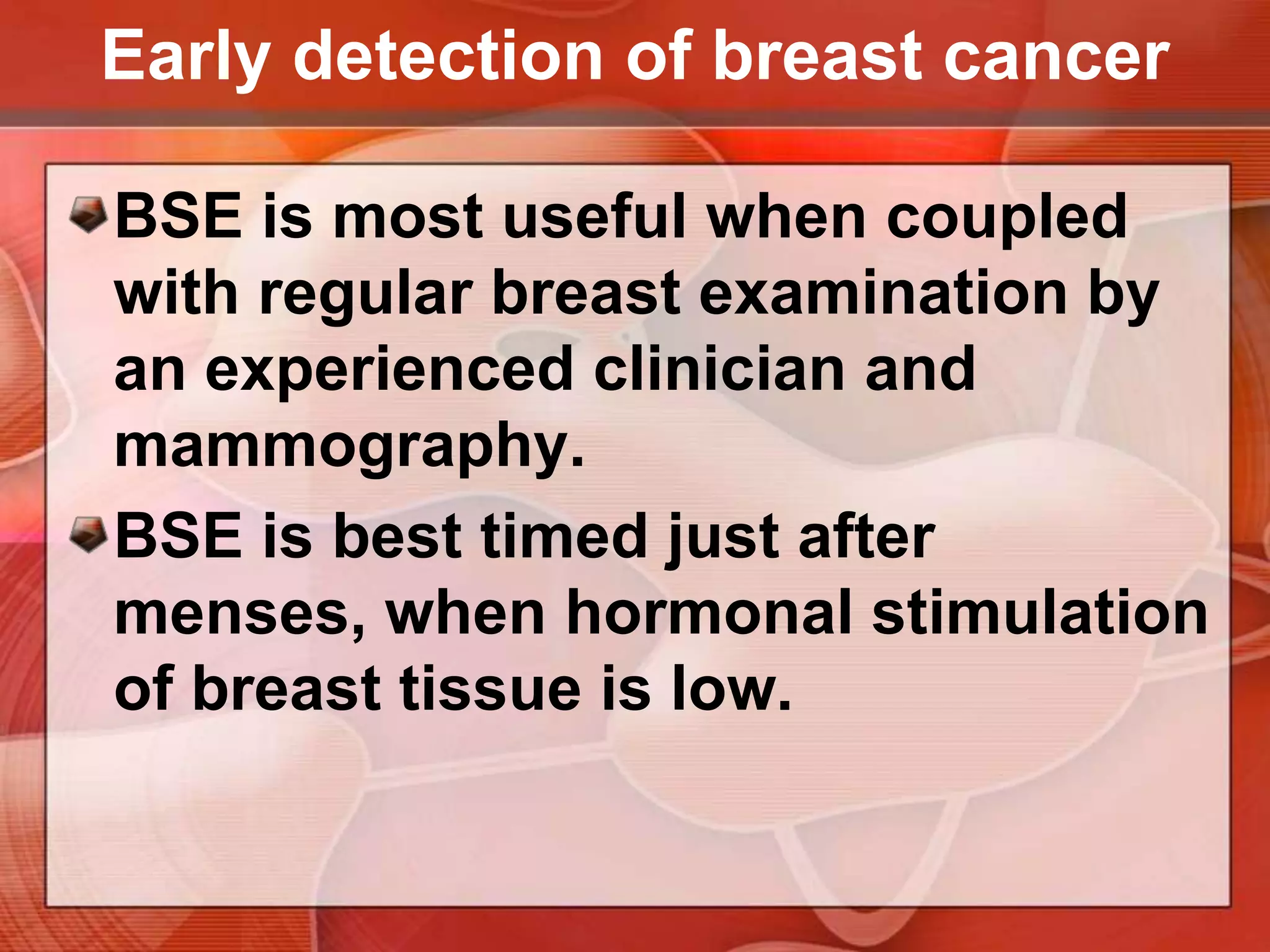 Teach the patient how to perform the breast self-examination (BSE).A high proportion of breast masses are detected by women examining their own breasts.Inexpensive and may promote stronger health awareness and more active self-care.