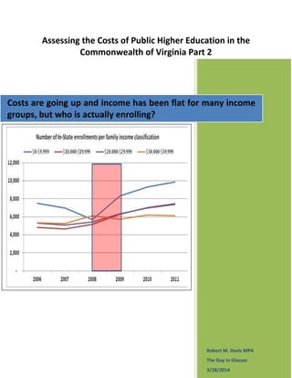 Assessing the Costs of Public Higher Education in the
Commonwealth of Virginia Part 2
Robert M. Davis MPA
The Guy in Glasses
3/28/2014
Costs are going up and income has been flat for many income
groups, but who is actually enrolling?
 