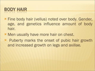 Fine body hair (vellus) noted over body. Gender, age, and genetics influence amount of body hair. Men usually have more hair on chest. Puberty marks the onset of pubic hair growth and increased growth on legs and axillae . 