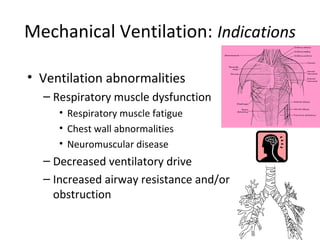 Mechanical Ventilation: Indications
• Ventilation abnormalities
– Respiratory muscle dysfunction
• Respiratory muscle fatigue
• Chest wall abnormalities
• Neuromuscular disease
– Decreased ventilatory drive
– Increased airway resistance and/or
obstruction
 