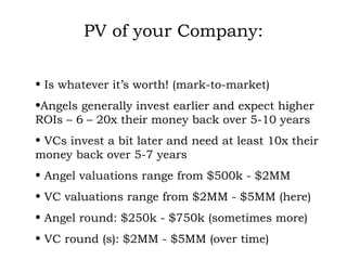 PV of your Company: Is whatever it’s worth! (mark-to-market) Angels generally invest earlier and expect higher ROIs – 6 – 20x their money back over 5-10 years VCs invest a bit later and need at least 10x their money back over 5-7 years Angel valuations range from $500k - $2MM VC valuations range from $2MM - $5MM (here) Angel round: $250k - $750k (sometimes more) VC round (s): $2MM - $5MM (over time) 