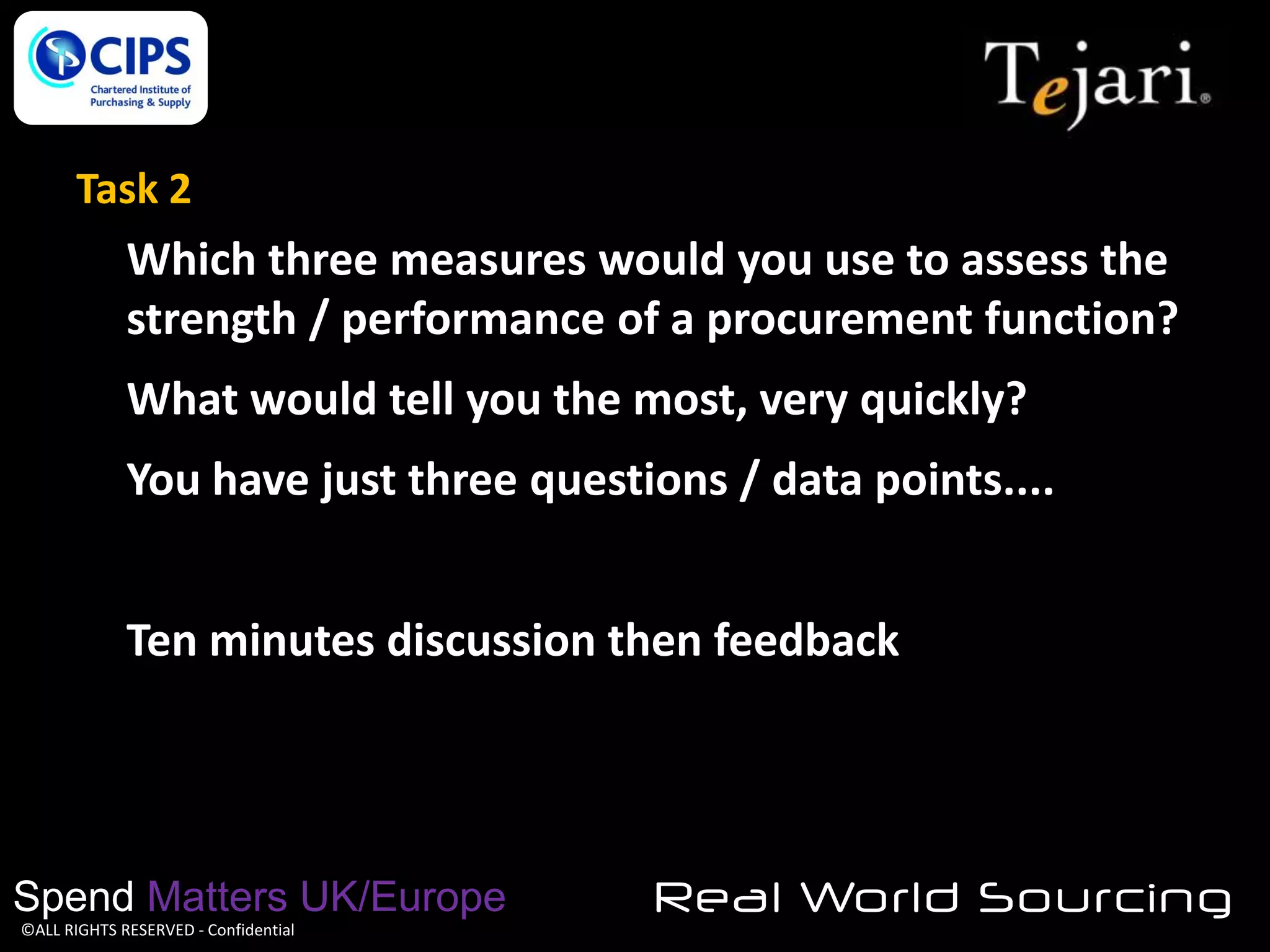 Task 2

Which three measures would you use to assess the
strength / performance of a procurement function?
What would tell you the most, very quickly?
You have just three questions / data points....
Ten minutes discussion then feedback

Spend Matters UK/Europe
©ALL RIGHTS RESERVED - Confidential

Real World Sourcing

 