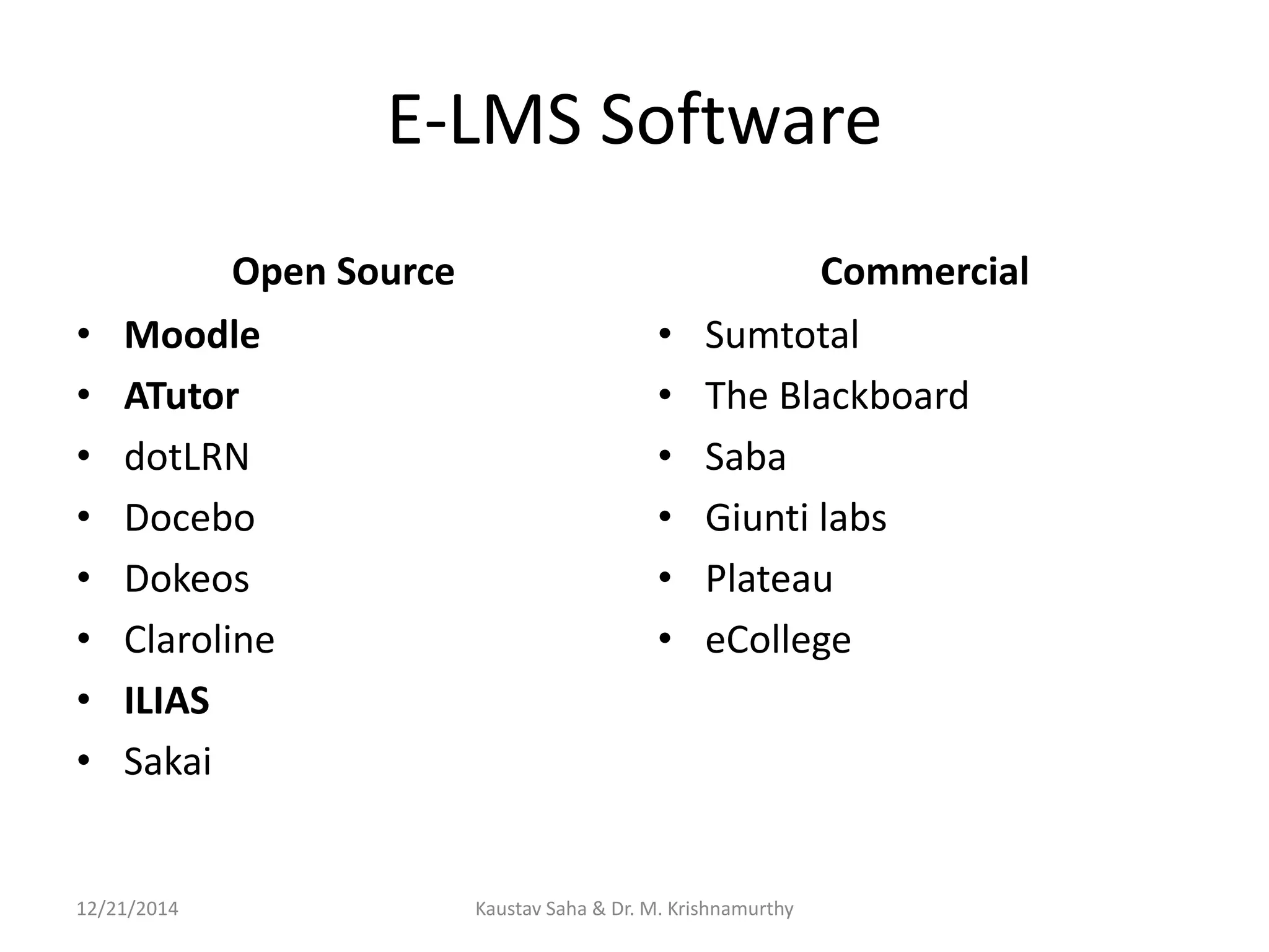 E-LMS Software
Open Source
• Moodle
• ATutor
• dotLRN
• Docebo
• Dokeos
• Claroline
• ILIAS
• Sakai
Commercial
• Sumtotal
• The Blackboard
• Saba
• Giunti labs
• Plateau
• eCollege
12/21/2014 Kaustav Saha & Dr. M. Krishnamurthy
 