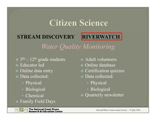 Soil andWater Conservation Society – 25 July 2016
STREAM DISCOVERY RIVERWATCH
 5th – 12th grade students
 Educator led
...
