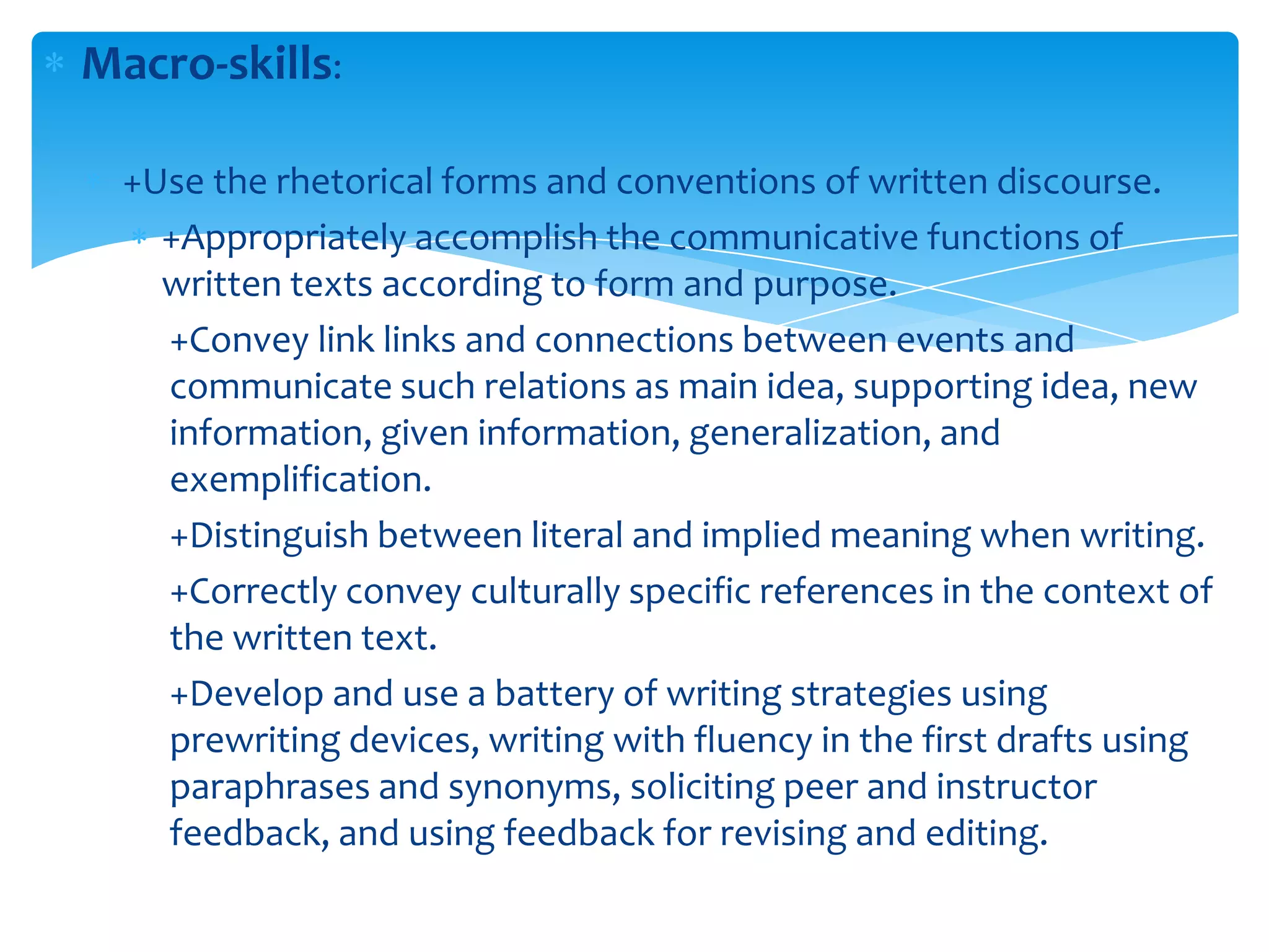 Macro-skills:

  +Use the rhetorical forms and conventions of written discourse.
    +Appropriately accomplish the communicative functions of
    written texts according to form and purpose.
    +Convey link links and connections between events and
    communicate such relations as main idea, supporting idea, new
    information, given information, generalization, and
    exemplification.
    +Distinguish between literal and implied meaning when writing.
    +Correctly convey culturally specific references in the context of
    the written text.
    +Develop and use a battery of writing strategies using
    prewriting devices, writing with fluency in the first drafts using
    paraphrases and synonyms, soliciting peer and instructor
    feedback, and using feedback for revising and editing.
 