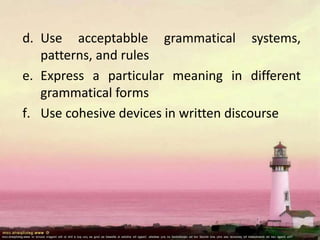 d. Use acceptabble grammatical systems,
patterns, and rules
e. Express a particular meaning in different
grammatical forms
f. Use cohesive devices in written discourse
 