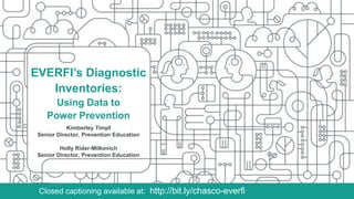 EVERFI’s Diagnostic
Inventories:
Using Data to
Power Prevention
Kimberley Timpf
Senior Director, Prevention Education
Holly Rider-Milkovich
Senior Director, Prevention Education
Closed captioning available at: http://bit.ly/chasco-everfi
 