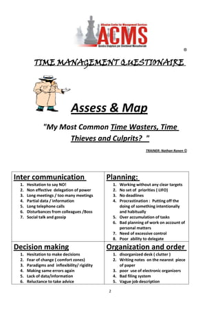 TIME MANAGEMENT QUESTIONAIRE <br />Assess & Map<br />quot;
My Most Common Time Wasters, Time Thieves and Culprits?  quot;
<br />TRAINER: Nathan Ronen ©<br />Planning: Working without any clear targetsNo set of  priorities ( LIFO) No deadlines Procrastination :  Putting off the doing of something intentionally and habituallyOver accumulation of tasks Bad planning of work on account of personal mattersNeed of excessive controlPoor  ability to delegate Inter communication Hesitation to say NO! Non effective  delegation of powerLong meetings / too many meetingsPartial data / information Long telephone calls Disturbances from colleagues /Boss Social talk and gossip Organization and order disorganized desk ( clutter ) Writing notes  on the nearest  piece of paperpoor  use of electronic organizers Bad filing system Vague job description Lack of clear borders of responsibility & authorityUnorganized  Boss /colleaguesProcess: unsolved problems return.Decision makingHesitation to make decisions Fear of change ( comfort zones) Paradigms and  inflexibility/ rigidity   Making same errors againLack of data/informationReluctance to take advice       Ego/image/ status  problemsInability to take blame /responsibility                                        Nathan Ronen ©Personal Lack of self disciplineOver need for control Excessive perfection Need to sleep, compensate by eating or stare at TV or be on the internet. Inability to be assertive Reluctance to take advice      Ego/image/ status  problemInability to take blame /responsibility<br />Please Remember: <br />ITS NOT ENOUGH TO   SWITCH TO WORK HARD WORK EFFECTIVELYHIGH MOTIVATION SELF ORGANIZATIONACTIVITYPERFORMANCEINPUTOUTPUTSHORT TERM PLANNINGLONG TERM PLANNINGCONCEPTION PRACTICE <br />The McKenzie's Top 10 time wasters: <br />Nathan Ronen ©<br />Interruptions ( telephone interruptions, drop in visitors )<br />Shifting priorities<br />Lack of goals, priorities and poor planning<br />Attempting too much & inability to say no.<br />Lack of self discipline<br />Meeting- too many and badly organized<br />Incomplete or delayed information (organizational  communication) <br />Paperwork and red tape<br />Personal disorganization<br />Confused responsibility or authority<br />“Management is doing things right, leadership is doing the right things”Nathan Ronen ©<br /> <br />      <br />     <br />
