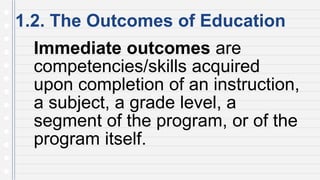 1.2. The Outcomes of Education
Immediate outcomes are
competencies/skills acquired
upon completion of an instruction,
a subject, a grade level, a
segment of the program, or of the
program itself.
 