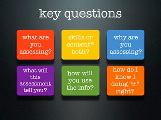 key questions
 what are    skills or    why are
   you       content?       you
assessing?    both?      assessing?

 what will               how do I
             how will
    this                  know I
assessment    you use
                         doing “it”
 tell you?   the info?
                          right?
 