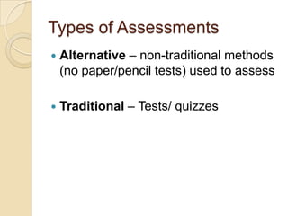 Plan with the end in mind…Backwards design (UBD)What is the Purpose ?Formative   Diagnostic, Pre Assessments,  quick, in-the moment, ‘dipstick’ checks for student understanding, ongoing, purposeful, provide opportunities to improve learning, room for improvement, inform teacher instruction and next steps.SummativeFinal evaluations on student learning