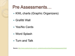Pre Assessments…
   KWL charts (Graphic Organizers)

   Grafitti Wall

   Yes/No Cards

   Word Splash

   Turn and Talk

Source: http://www.saskschools.ca/curr_content/constructivism/how/preassessment.html
 