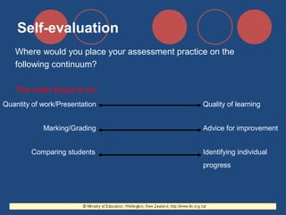 Self-evaluation
Where would you place your assessment practice on the
following continuum?
The main focus is on:
Quantity of work/Presentation
Marking/Grading
Comparing students

Quality of learning
Advice for improvement
Identifying individual
progress

 