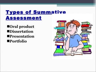 Types of Summative
Assessment
Oral product
Dissertation
Presentation
Portfolio
 