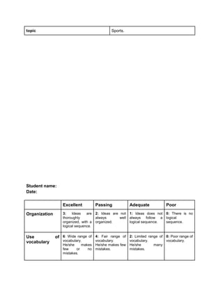 topic Sports.
Student name:
Date:
Excellent Passing Adequate Poor
Organization 3: Ideas are
thoroughly
organized, with a
logical sequence.
2: Ideas are not
always well
organized.
1: Ideas does not
always follow a
logical sequence.
0: There is no
logical
sequence.
Use of
vocabulary
6: Wide range of
vocabulary.
He/she makes
few or no
mistakes.
4: Fair range of
vocabulary.
He/she makes few
mistakes.
2: Limited range of
vocabulary.
He/she many
mistakes.
0: Poor range of
vocabulary.
 