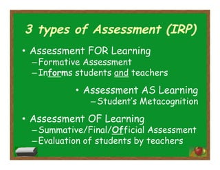 3 types of Assessment (IRP)
•  Assessment FOR Learning
– Formative Assessment
– Informs students and teachers
•  Assessment AS Learning
– Student’s Metacognition
•  Assessment OF Learning
– Summative/Final/Official Assessment
– Evaluation of students by teachers
 