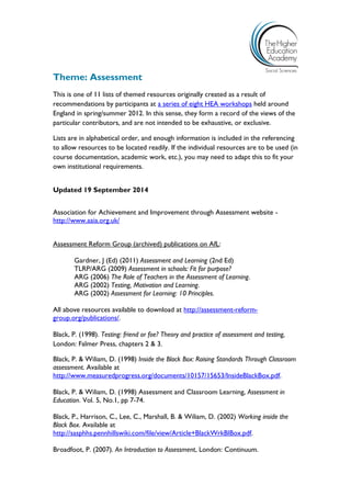 Theme: Assessment 
This is one of 11 lists of themed resources originally created as a result of recommendations by participants at a series of eight HEA workshops held around England in spring/summer 2012. In this sense, they form a record of the views of the particular contributors, and are not intended to be exhaustive, or exclusive. 
Lists are in alphabetical order, and enough information is included in the referencing to allow resources to be located readily. If the individual resources are to be used (in course documentation, academic work, etc.), you may need to adapt this to fit your own institutional requirements. 
Updated 19 September 2014 
Association for Achievement and Improvement through Assessment website - http://www.aaia.org.uk/ 
Assessment Reform Group (archived) publications on AfL: 
Gardner, J (Ed) (2011) Assessment and Learning (2nd Ed) 
TLRP/ARG (2009) Assessment in schools: Fit for purpose? 
ARG (2006) The Role of Teachers in the Assessment of Learning. 
ARG (2002) Testing, Motivation and Learning. 
ARG (2002) Assessment for Learning: 10 Principles. 
All above resources available to download at http://assessment-reform- group.org/publications/. 
Black, P. (1998). Testing: friend or foe? Theory and practice of assessment and testing, London: Falmer Press, chapters 2 & 3. 
Black, P. & Wiliam, D. (1998) Inside the Black Box: Raising Standards Through Classroom assessment. Available at http://www.measuredprogress.org/documents/10157/15653/InsideBlackBox.pdf. 
Black, P. & Wiliam, D. (1998) Assessment and Classroom Learning, Assessment in Education. Vol. 5, No.1, pp 7-74. 
Black, P., Harrison, C., Lee, C., Marshall, B. & Wiliam, D. (2002) Working inside the Black Box. Available at http://sasphhs.pennhillswiki.com/file/view/Article+BlackWrkBlBox.pdf. 
Broadfoot, P. (2007). An Introduction to Assessment, London: Continuum.  