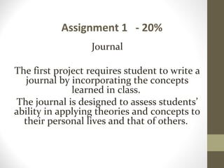 Assignment 1 - 20%
Journal
The first project requires student to write a
journal by incorporating the concepts
learned in class.
The journal is designed to assess students’
ability in applying theories and concepts to
their personal lives and that of others.
 