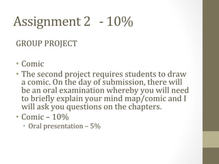 Assignment	
  2	
  	
  	
  -­‐	
  10%	
  
GROUP	
  PROJECT	
  
	
  
•  Comic	
  
•  The	
  second	
  project	
  requires	
  students	
  to	
  draw	
  
a	
  comic.	
  On	
  the	
  day	
  of	
  submission,	
  there	
  will	
  
be	
  an	
  oral	
  examination	
  whereby	
  you	
  will	
  need	
  
to	
  brieOly	
  explain	
  your	
  mind	
  map/comic	
  and	
  I	
  
will	
  ask	
  you	
  questions	
  on	
  the	
  chapters.	
  
•  Comic	
  –	
  10%	
  
•  Oral	
  presentation	
  –	
  5%	
  
	
  
 