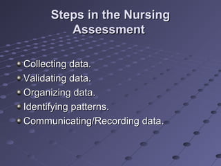 Steps in the NursingSteps in the Nursing
AssessmentAssessment
Collecting data.Collecting data.
Validating data.Validating data.
Organizing data.Organizing data.
Identifying patterns.Identifying patterns.
Communicating/Recording data.Communicating/Recording data.
 