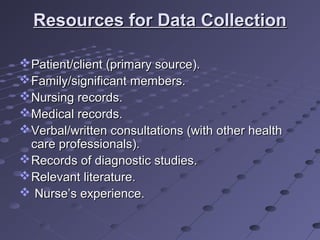 Resources for Data CollectionResources for Data Collection
Patient/client (primary source).Patient/client (primary source).
Family/significant members.Family/significant members.
Nursing records.Nursing records.
Medical records.Medical records.
Verbal/written consultations (with other healthVerbal/written consultations (with other health
care professionals).care professionals).
Records of diagnostic studies.Records of diagnostic studies.
Relevant literature.Relevant literature.
 Nurse’s experience.Nurse’s experience.
 