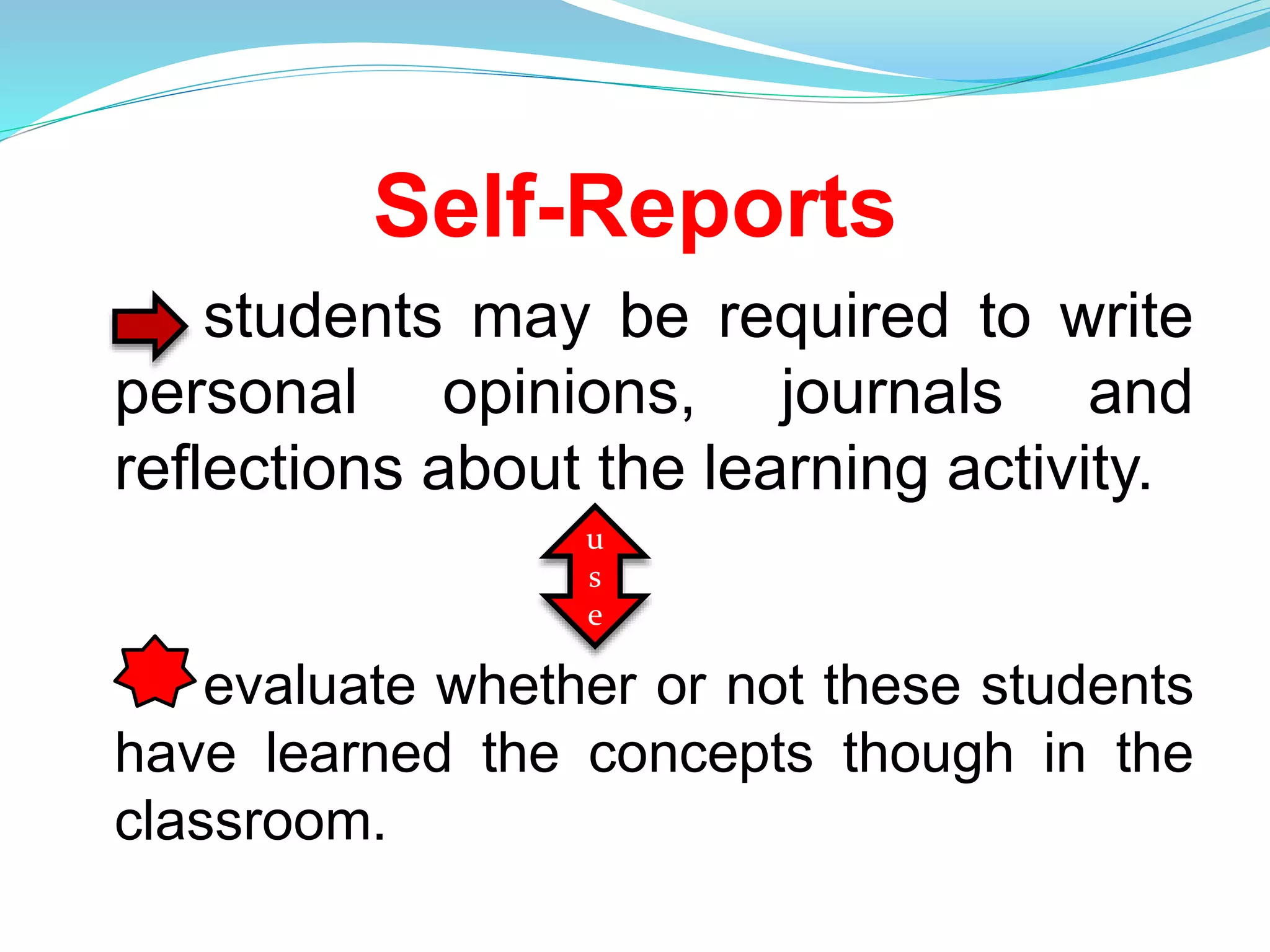 Self-Reports
students may be required to write
personal opinions, journals and
reflections about the learning activity.
evaluate whether or not these students
have learned the concepts though in the
classroom.
u
s
e
 