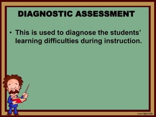 • This is used to diagnose the students’
learning difficulties during instruction.
DIAGNOSTIC ASSESSMENT
 