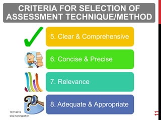 CRITERIA FOR SELECTION OF
ASSESSMENT TECHNIQUE/METHOD
5. Clear & Comprehensive
6. Concise & Precise
7. Relevance
8. Adequate & Appropriate
10/11/2019
www.nursingpath.in
11
 