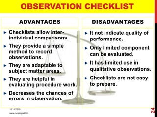 OBSERVATION CHECKLIST
ADVANTAGES
Checklists allow inter-
individual comparisons.
They provide a simple
method to record
observations.
They are adaptable to
subject matter areas.
They are helpful in
evaluating procedure work.
Decreases the chances of
errors in observation.
DISADVANTAGES
It not indicate quality of
performance.
Only limited component
can be evaluated.
It has limited use in
qualitative observations.
Checklists are not easy
to prepare.
10/11/2019
www.nursingpath.in
24
 