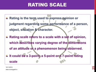 RATING SCALE
Rating is the term used to express opinion or
judgment regarding some performance of a person,
object, situation & character.
Rating scale refers to a scale with a set of opinion,
which describes varying degree of the dimensions
of an attitude or a phenomenon being observed.
It could be a 3-point, a 5-point or a 7-point rating
scale
10/11/2019
www.nursingpath.in
25
 