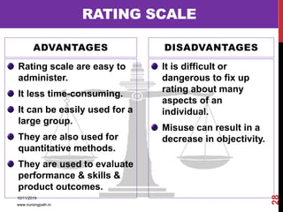 ADVANTAGES
Rating scale are easy to
administer.
It less time-consuming.
It can be easily used for a
large group.
They are also used for
quantitative methods.
They are used to evaluate
performance & skills &
product outcomes.
DISADVANTAGES
It is difficult or
dangerous to fix up
rating about many
aspects of an
individual.
Misuse can result in a
decrease in objectivity.
RATING SCALE
10/11/2019
www.nursingpath.in
28
 