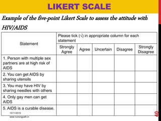 Example of the five-point Likert Scale to assess the attitude with
HIV/AIDS
LIKERT SCALE
Statement
Please tick (√) in appropriate column for each
statement
Strongly
Agree
Agree Uncertain Disagree
Strongly
Disagree
1. Person with multiple sex
partners are at high risk of
AIDS
2. You can get AIDS by
sharing utensils
3. You may have HIV by
sharing needles with others
4. Only gay men can get
AIDS
5. AIDS is a curable disease.
10/11/2019
www.nursingpath.in
40
 