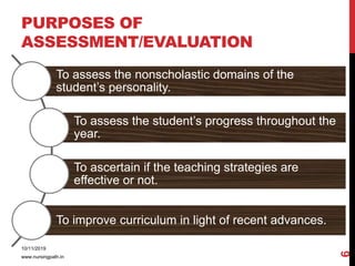 PURPOSES OF
ASSESSMENT/EVALUATION
To assess the nonscholastic domains of the
student’s personality.
To assess the student’s progress throughout the
year.
To ascertain if the teaching strategies are
effective or not.
To improve curriculum in light of recent advances.
10/11/2019
www.nursingpath.in
6
 