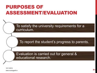 PURPOSES OF
ASSESSMENT/EVALUATION
To satisfy the university requirements for a
curriculum.
To report the student’s progress to parents.
Evaluation is carried out for general &
educational research.
10/11/2019
www.nursingpath.in
7
 