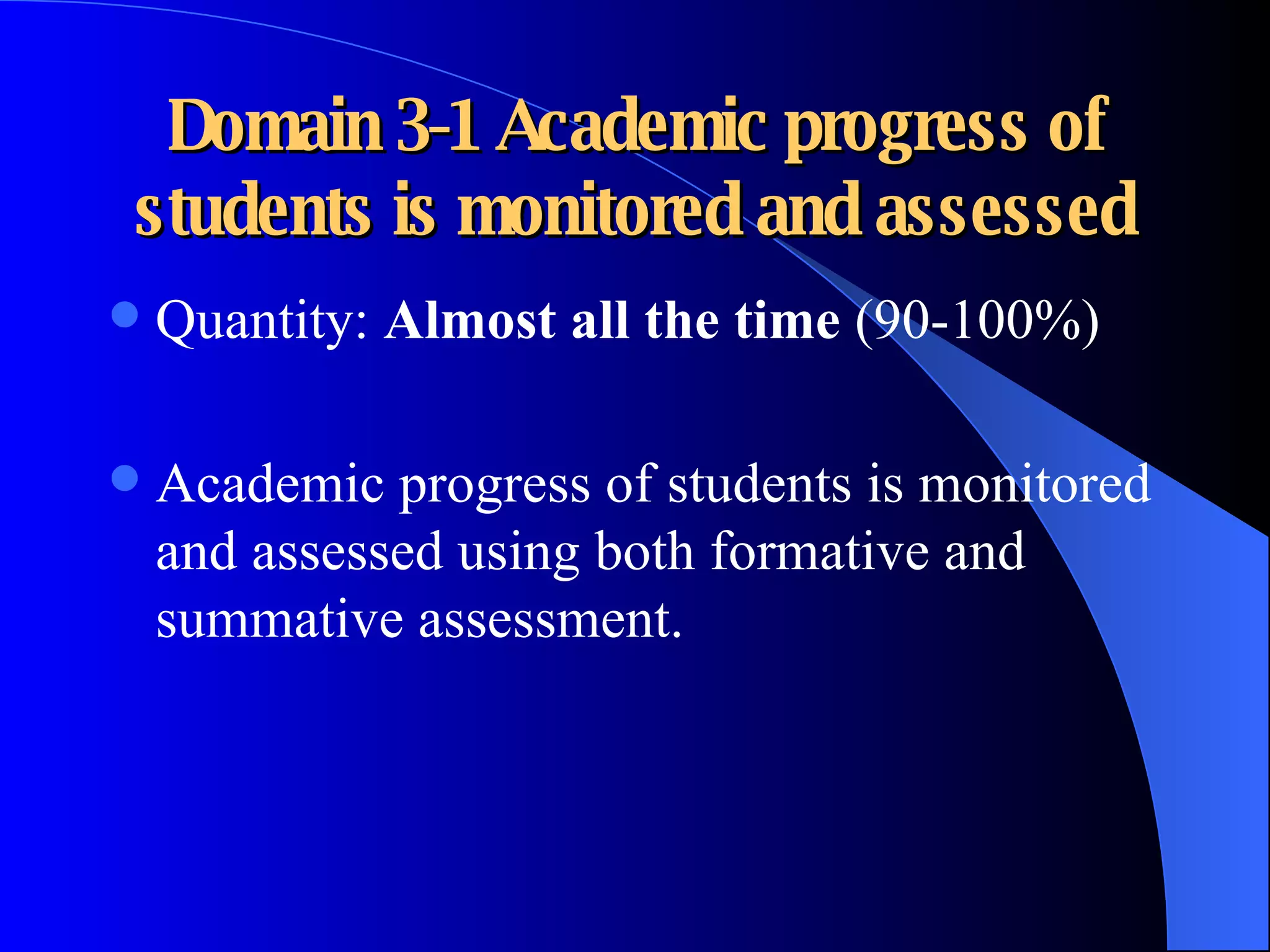 Domain 3-1 Academic progress of students is monitored and assessed Quantity:  Almost all the time  (90-100%) Academic progress of students is monitored and assessed using both formative and summative assessment. 