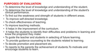 PURPOSES OF EVALUATION:
• To determine the level of knowledge and understanding of the student.
• To determine the level of knowledge and understanding of the student's
clinical performance.
• To find out the weakness and strength of students in different areas.
• To improve self-directed knowledge.
• To check effectiveness of teaching.
• To improve teaching methods.
• It helps in the improvement of the curriculum.
• It helps the students to identify their difficulties and problems in learning and
know the progresst they make.
• To guide the teacher and students in selecting of future learning.
• To provide guidance counseling to the students related to learning.
• To decide promotion and placement etc.
• To reports to the parents the achievement of students.To motivate and
encourage students to learn.
 