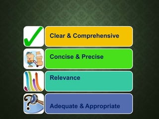 Clear & Comprehensive
Concise & Precise
Relevance
Adequate & Appropriate
 