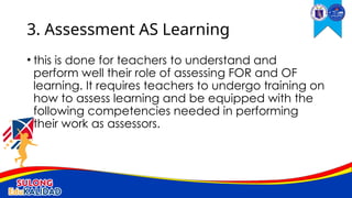 • this is done for teachers to understand and
perform well their role of assessing FOR and OF
learning. It requires teachers to undergo training on
how to assess learning and be equipped with the
following competencies needed in performing
their work as assessors.
3. Assessment AS Learning
 