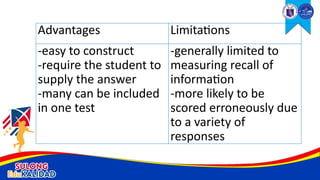Advantages Limitations
-easy to construct
-require the student to
supply the answer
-many can be included
in one test
-generally limited to
measuring recall of
information
-more likely to be
scored erroneously due
to a variety of
responses
 