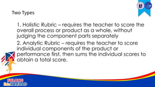 1. Holistic Rubric – requires the teacher to score the
overall process or product as a whole, without
judging the component parts separately
2. Analytic Rubric – requires the teacher to score
individual components of the product or
performance first, then sums the individual scores to
obtain a total score.
Two Types
 
