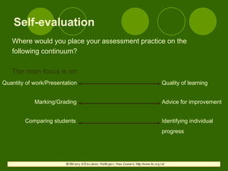Self-evaluation
Where would you place your assessment practice on the
following continuum?
The main focus is on:
Quantity of work/Presentation Quality of learning
Marking/Grading
Comparing students
Advice for improvement
Identifying individual
progress
 