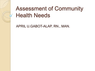 Assessment of Community
Health Needs
APRIL U.GABOT-ALAP, RN., MAN.

 