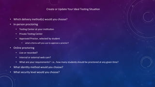 Create	
  or	
  Update	
  Your	
  Ideal	
  TesFng	
  SituaFon	
  	
  
•  Which	
  delivery	
  method(s)	
  would	
  you	
  choose?	
  	
  	
  
•  In-­‐person	
  proctoring	
  
•  TesFng	
  Center	
  at	
  your	
  insFtuFon	
  
•  Private	
  TesFng	
  Center	
  	
  
•  Approved	
  Proctor,	
  selected	
  by	
  student	
  	
  
•  what	
  criteria	
  will	
  you	
  use	
  to	
  approve	
  a	
  proctor?	
  
•  Online	
  proctoring	
  
•  Live	
  or	
  recorded?	
  
•  Internal	
  or	
  external	
  web	
  cam?	
  
•  What	
  are	
  your	
  requirements?	
  	
  i.e.,	
  how	
  many	
  students	
  should	
  be	
  proctored	
  at	
  any	
  given	
  Fme?	
  
•  What	
  idenFty	
  method	
  would	
  you	
  choose?	
  
•  What	
  security	
  level	
  would	
  you	
  choose?	
  
	
  
 