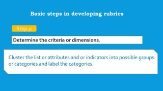 Step 3:
Determine the criteria or dimensions.
Cluster the list or attributes and or indicators into possible groups
or categories and label the categories.
Basic steps in developing rubrics
 